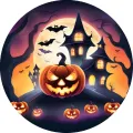 Jedlý obrázek na dort s podsvícenou dýní, siluetou hradu, měsícem a netopýry na tmavě modré noční obloze, halloween