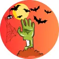 Kulatý halloweenský motiv se zelenou rukou vycházející ze země, pavoukem na pavučině a netopýry pod měsícem, jedlý obrázek na dort