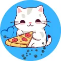 Bílá kočka s šedými skvrnkami drží kousek pizzy na sytě modrém pozadí se srdíčky, jedlý obrázek na dort