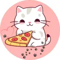 Bílá kočka s šedými skvrnkami drží plátek pizzy na růžovém pozadí se srdíčkem, jedlý obrázek na dort