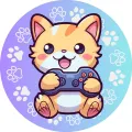 Zrzavé anime kotě s herním gamepadem na fialovo-tyrkysovém pozadí s bílými tlapkami, jedlý obrázek na dort
