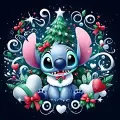 Stitch s červenou mašlí a zdobeným vánočním stromečkem na modrém pozadí, kolem sněhové vločky a srdíčka, jedlý obrázek na dort