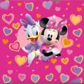 Minnie a Daisy ve velkém růžovém srdci obklopeném barevnými srdíčky, jedlý obrázek na dort