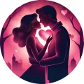 Zamilovaný pár objímající se pod zářícím srdcem v purpurových a růžových tónech, mezi stromy poletují srdíčka, jedlý obrázek na dort