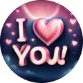Kulatý jedlý obrázek s plastickým nápisem I Love You, zářícím růžovým srdcem, fialovou noční oblohou a měsícem, na dort