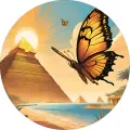 Oranžový motýl letí nad mořem s pyramidami a palmami v pozadí, jedlý obrázek na dort