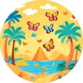 Kulatý jedlý obrázek s hejnem pestrých motýlů nad modrým mořem, palmami a pyramidami pod žlutou oblohou, obrázek na dort.