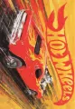 Červený sportovní vůz Hot Wheels s plameny na kapotě na žlutooranžovém pozadí, jedlý obrázek na dort
