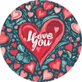 Kulatý jedlý obrázek s červeným srdcem, bílým nápisem I Love You a kvítky na tmavém pozadí, jedlý obrázek na dort