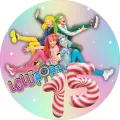 Kulatý jedlý obrázek s členkami skupiny Lollipopz v barevných parukách a velkou lízátkovou číslicí na pastelovém pozadí, jedlý obrázek na do