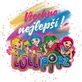 Čtyři zpěvačky kapely Lollipopz s mikrofony na pestrém pozadí s nápisem Všechno nejlepší, jedlý obrázek na dort
