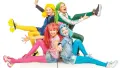 Čtyři usmívající se dívky Lollipopz v růžové, tyrkysové, žluté a zelené paruce na bílém pozadí, jedlý obrázek na dort