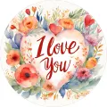 Kulatý akvarelový věnec z růžových květin a zelených lístků s velkým srdcem a nápisem I Love You, jedlý obrázek na dort