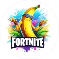 Žlutý banán v modrých brýlích s mřížkou na pestrém pozadí s cákanci, nápis Fortnite, jedlý obrázek na dort