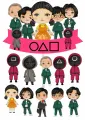 Kreslené chibi postavičky z Hry na oliheň v zelených teplákách, růžových kombinézách a s panenkou, jedlý obrázek na dort