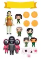 Jedlý obrázek Hra na oliheň s figurkami Funko Pop v růžových a zelených oblecích a sušenkami dalgona, jedlý obrázek na dort