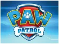 Červeno-modrý znak Paw Patrol na modrém pozadí, jedlý obrázek na dort