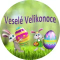 Zajíčci malující kraslice a nápis Veselé Velikonoce, jedlý obrázek na dort