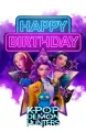 K-Pop Lovkyně démonů s neonovým nápisem Happy Birthday, jedlý obrázek na dort