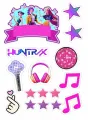 K-Pop dívčí skupina Huntr/x, sluchátka a noty, jedlý obrázek na dort
