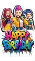 Tři hrdinky K-Pop Lovkyně démonů a graffiti nápis Happy Birthday, jedlý obrázek na dort