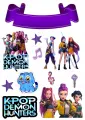 K-Pop Lovkyně démonů, fialová stuha na jméno a modrá kočička, jedlý obrázek na dort