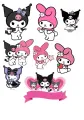Postavičky Kuromi a My Melody k vystřižení na bílém podkladu, jedlý obrázek na dort.