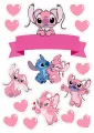 Růžová Angel a modrý Stitch se srdíčky a stuhou, jedlý obrázek na dort