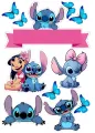 Jedlý obrázek na dort s postavičkami Lilo a Stitch, modrými motýly a růžovým bannerem