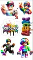 Barevné herní postavičky a logo Roblox, jedlý obrázek na dort pro děti.