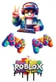 Herní postavička, barevné ovladače a logo Roblox, jedlý obrázek na dort