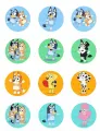 Kreslení psí hrdinové Bluey a Bingo na sadě koleček, jedlý obrázek na dort