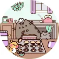 Kulatý jedlý obrázek na dort s kočičkou Pusheen pečící sušenky v kuchyni s přáteli