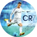Cristiano Ronaldo při střele na bránu s nápisem CR7, jedlý obrázek na dort