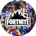 Herní postavy a logo Fortnite na kruhovém motivu, jedlý obrázek na dort