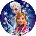 Princezny Elsa a Anna z Ledového království na modrém pozadí se sněhovými vločkami, jedlý obrázek na dort