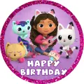 Gábina s kočičkami a nápisem Happy Birthday, jedlý obrázek na dort