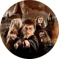 Harry Potter, Ron, Hermiona a Brumbál před hradem Bradavice, kruhový jedlý obrázek na dort