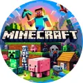 Kulatý jedlý obrázek na dort s motivem hry Minecraft, postavičkou Steva, prasátkem a Creeperem
