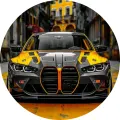 Černo-žluté sportovní auto s výraznou maskou, jedlý obrázek na dort
