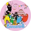 Veselá rodina Barbapapa slavící narozeniny s dortem, jedlý obrázek na dort