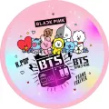 K-Pop postavičky BT21 a logo BTS na růžovém pozadí, jedlý obrázek na dort