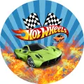 Zelené závodní auto a logo Hot Wheels s plameny, jedlý obrázek na dort