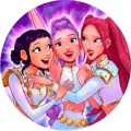 Tři animované zpěvačky ve stylu K-Pop Lovkyně démonů, kruhový jedlý obrázek na dort