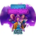K-Pop Lovkyně démonů s neonovým nápisem Happy Birthday, jedlý obrázek na dort