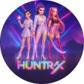 Tři hrdinky Huntrix v neonových světlech, jedlý obrázek na dort