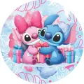 Stitch a Angel s dárky na modro-růžovém pozadí, jedlý obrázek na dort