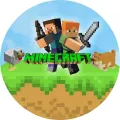 Kulatý jedlý obrázek na dort s motivem Minecraft, postavami Steve a Alex, psem a slepicí.