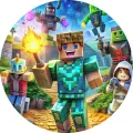 Minecraft hrdina v brnění s pochodní a bojovníci v kostičkovaném světě, kulatý jedlý obrázek na dort