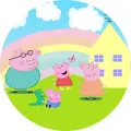 Prasátko Peppa s rodinou a dinosaurem u domečku s duhou, jedlý obrázek na dort